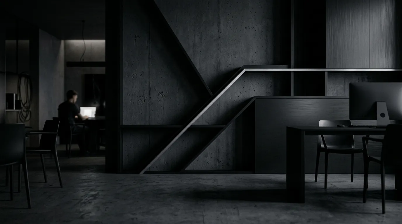 Cinematic dark studio workspace with subtle lighting