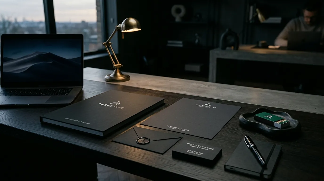 Premium brand kit layout with dark aesthetic